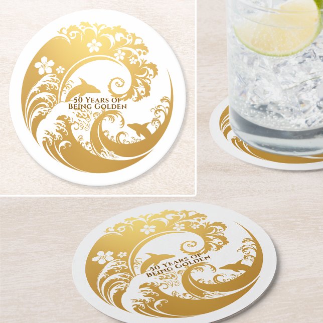 Custom 50th Birthday Gold  Round Paper Coaster (Creator Uploaded)