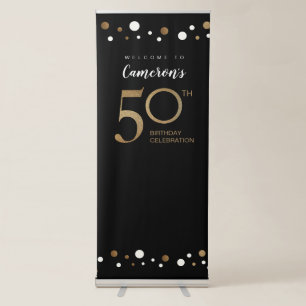 Custom 50th birthday party gold black retractable banner