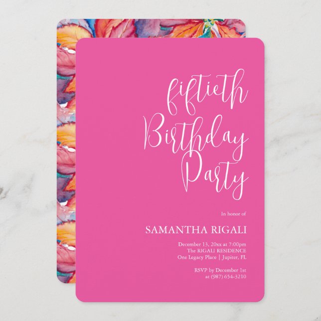 Custom 50th Birthday Party Invites Fuchsia Pink (Front/Back)