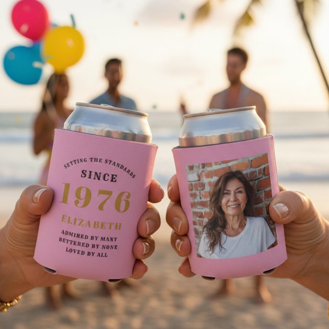 Custom 50th Birthday Pink Gold With Photo Can Cooler (50th birthday can coolers with beach background.)