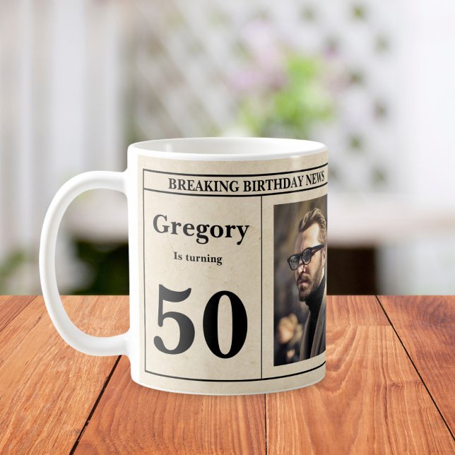 Custom 50th Birthday Retro Newspaper Photo  Coffee Mug (Creator Uploaded)