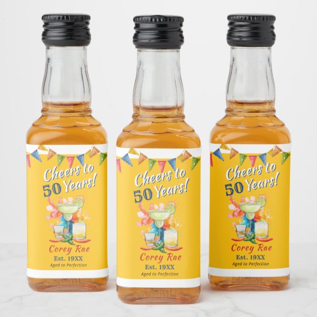Custom 50th Birthday Tequila Margarita Fiesta Liquor Bottle Label (Bottles)