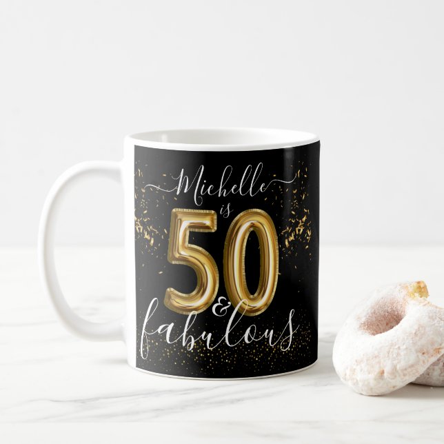Custom 50th Fabulous Birthday Black Gold Balloons Coffee Mug (With Donut)