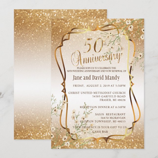 Custom - 50th Gold Glitter Wedding Anniversary Invitation (Front/Back)