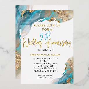 Custom 50th W Anniversary Teal and Gold Abstract Foil Holiday Card