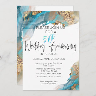 Custom 50th W Anniversary  Teal and Gold Abstract Invitation