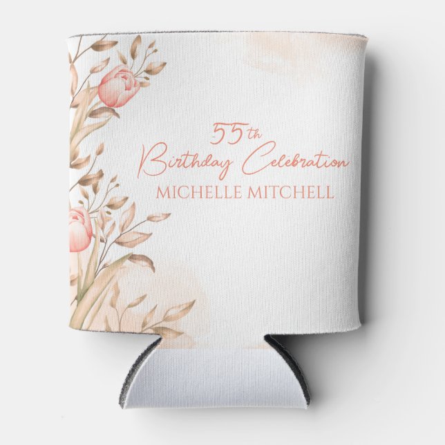 Custom 55th Birthday Peach Floral Tulips      Can Cooler (Front)