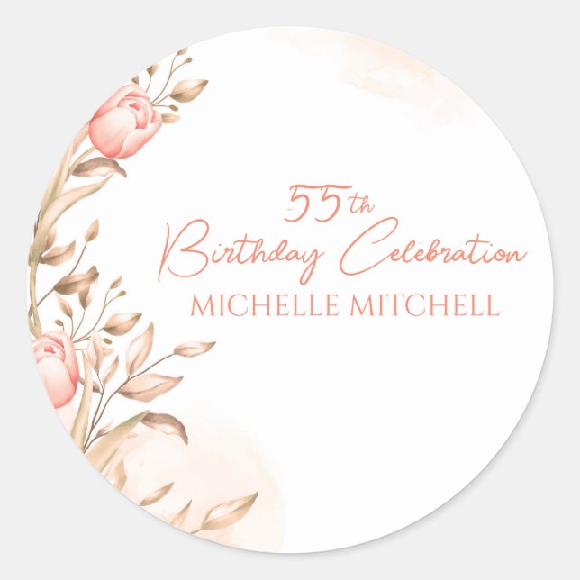 Custom 55th Birthday Peach Floral Tulips   Classic Round Sticker (Front)