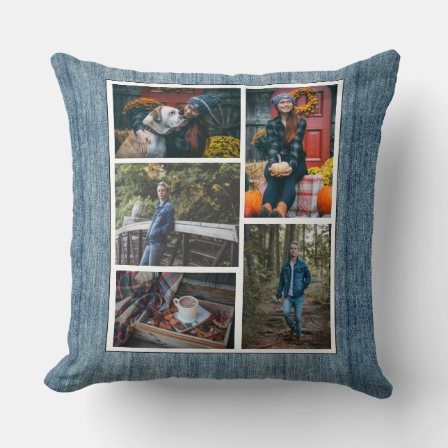 Custom /5 Photo Collage Denim Blue Jeans Cushion (Front)