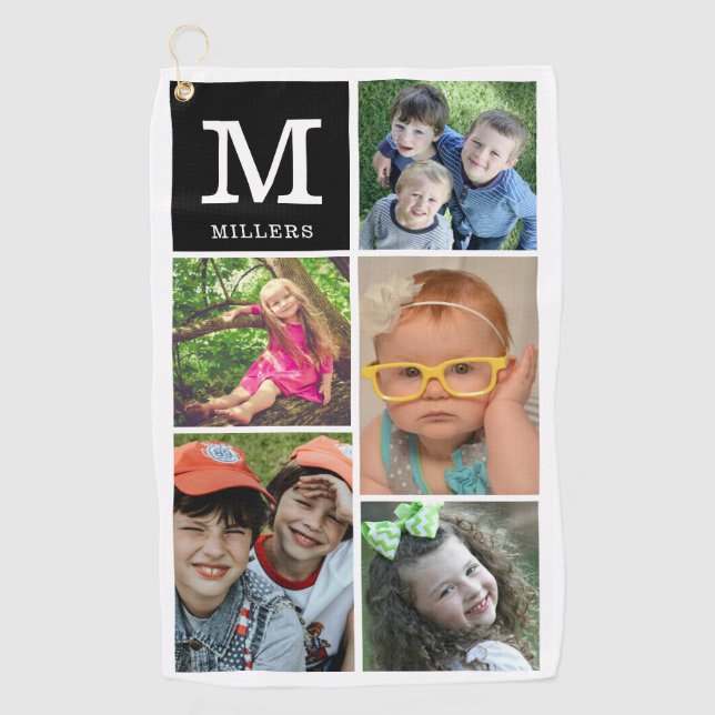 Custom 5 Photo Collage Family Name Monogrammed Golf Towel (Front)