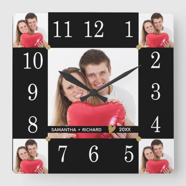 Custom 5 Photo Collage Wedding Anniversary Black Square Wall Clock (Front)