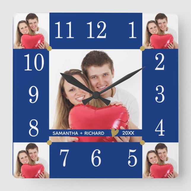 Custom 5 Photo Collage Wedding Anniversary Blue Square Wall Clock (Front)
