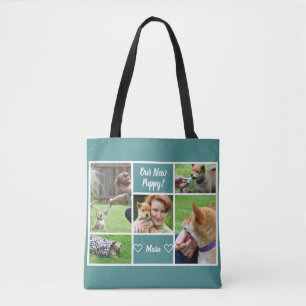 Custom 5 Photo Family Pet Collage on Teal Tote Bag