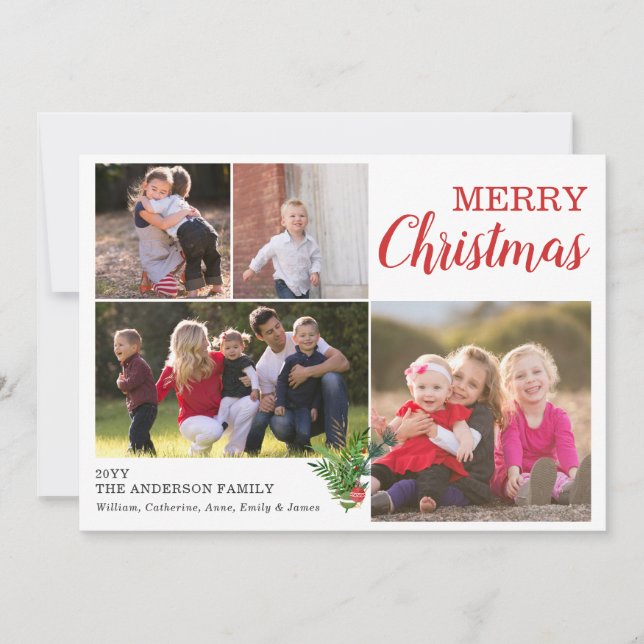 Custom 5 Photo Modern Merry Christmas Leaves Holiday Card (Front)