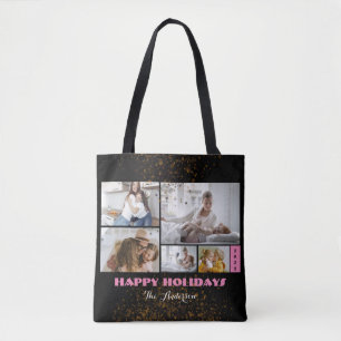 Custom 5 Photo Pink and Black Holiday Tote Bag