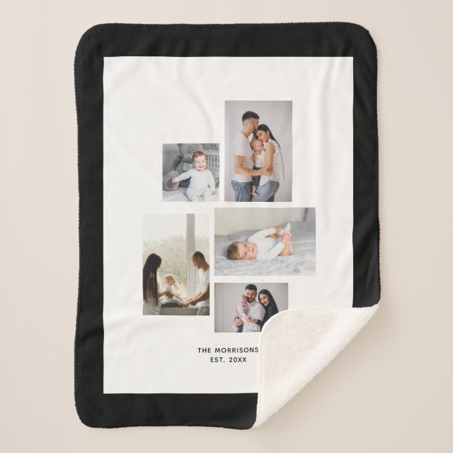 Custom 5 Photos Collage Family Name Black Border Sherpa Blanket (Front)