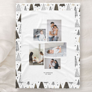 Custom 5 Photos Collage Name Winter Pine Trees Fleece Blanket