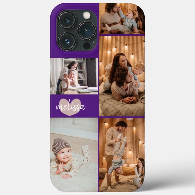 Custom 5 Photos Cute Heart Script Purple Case-Mate iPhone Case (Back)