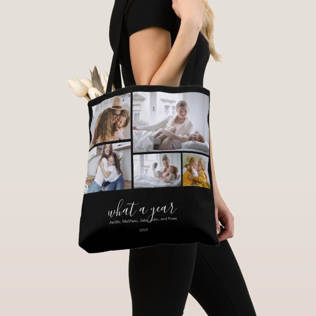 Custom 5 Photos Typography Holiday Tote Bag (Close Up)
