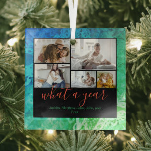 Custom 5 Photos Typography New Year Holiday Glass Tree Decoration