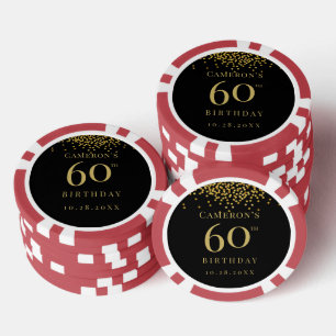 Custom 60th birthday black gold confetti favour poker chips