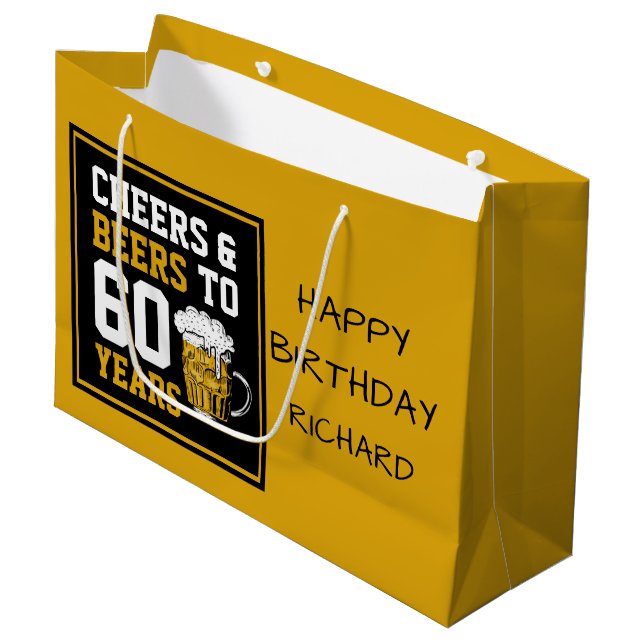 Custom 60th Birthday Cheers & Beers to 60 Years Large Gift Bag (Front Angled)
