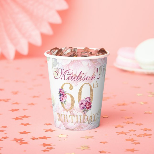 Custom 60th Birthday Floral Pink Gold Glitter Paper Cups (Insitu)