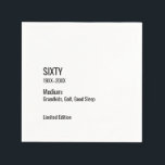 Custom 60th Birthday Funny Museum Label Chic Napkin<br><div class="desc">Dress up the bar cart with this “SIXTY” museum label–style cocktail napkin, perfect for a modern 60th birthday party. The minimalist, gallery‑inspired layout features customizable years, a witty custom line like “Medium: Grandkids, Golf, Good Sleep”, and “Limited Edition” caption for an art‑opening vibe that celebrates the guest of honor in...</div>
