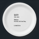 Custom 60th Birthday Funny Museum Label Chic Paper Plate<br><div class="desc">Serve up cake and snacks with these “SIXTY” museum label–style birthday paper plates, perfect for a modern milestone celebration. The clean, gallery‑inspired design features the heading “Sixty, ” editable years, a witty “Medium: Grandkids, Golf, Good Sleep” line, and “Limited Edition” caption for an art‑opening look that spotlights the guest of...</div>