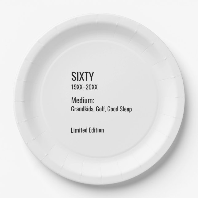 Custom 60th Birthday Funny Museum Label Chic Paper Plate (Front)