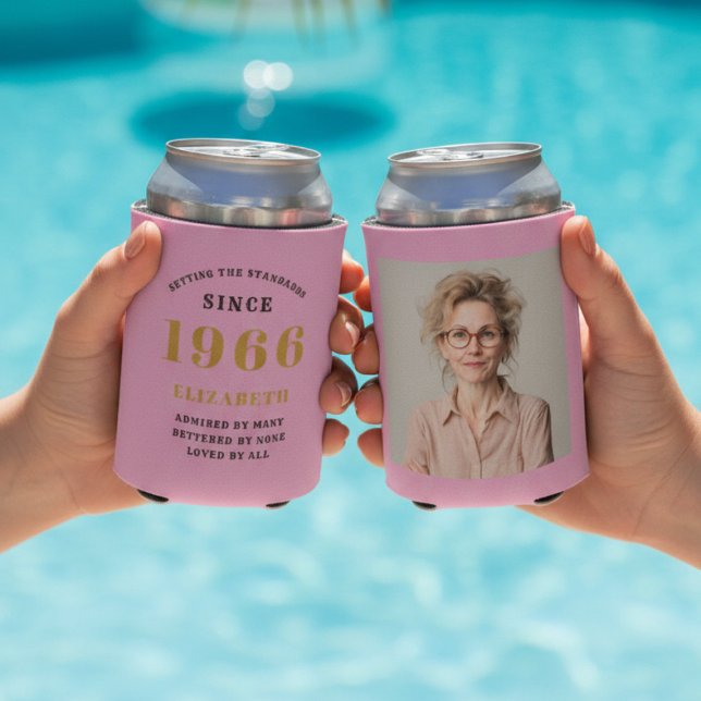 Custom 60th Birthday Pink Gold With Photo Can Cooler (60th birthday can coolers showing front and rear. With a pool as background.)