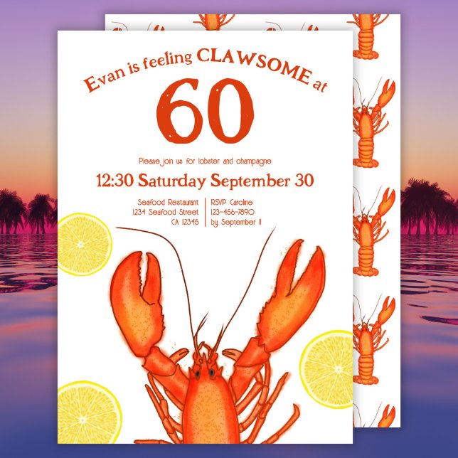 Custom 60th Birthday Watercolor Lobster Seafood Invitation (Creator Uploaded)