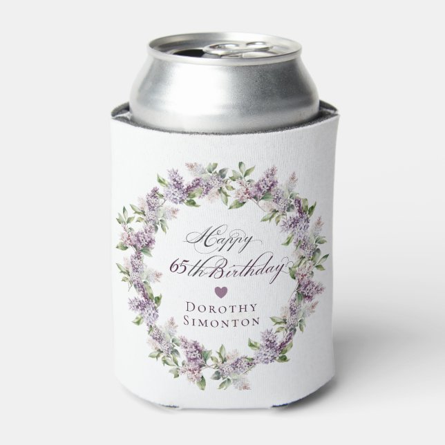 Custom 65th Birthday Purple Lilac Spring Flower Can Cooler (Can Front)