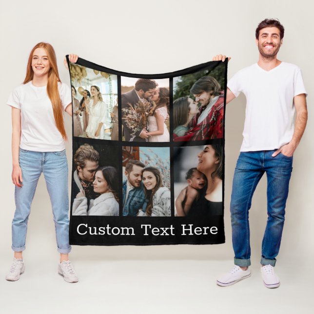 Custom 6 Family Photo Collage Custom Text Black Fleece Blanket (In Situ)