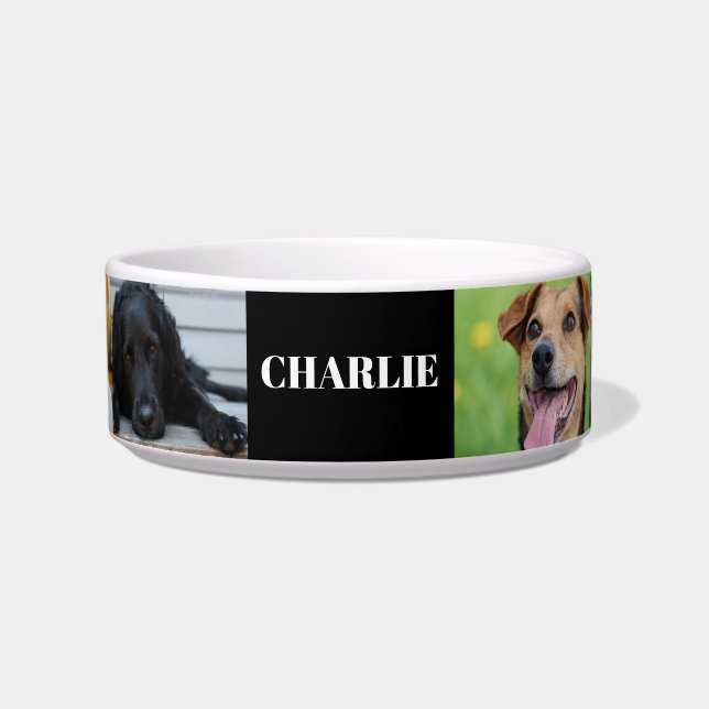 Custom 6 Pet Photo Collage Dog Name Black Bowl (Front)