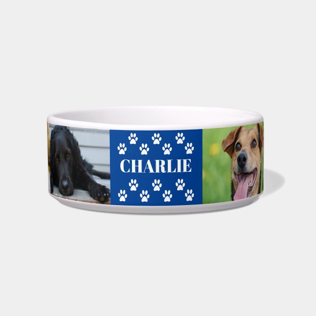 Custom 6 Pet Photo Collage Dog Name blue Bowl (Front)