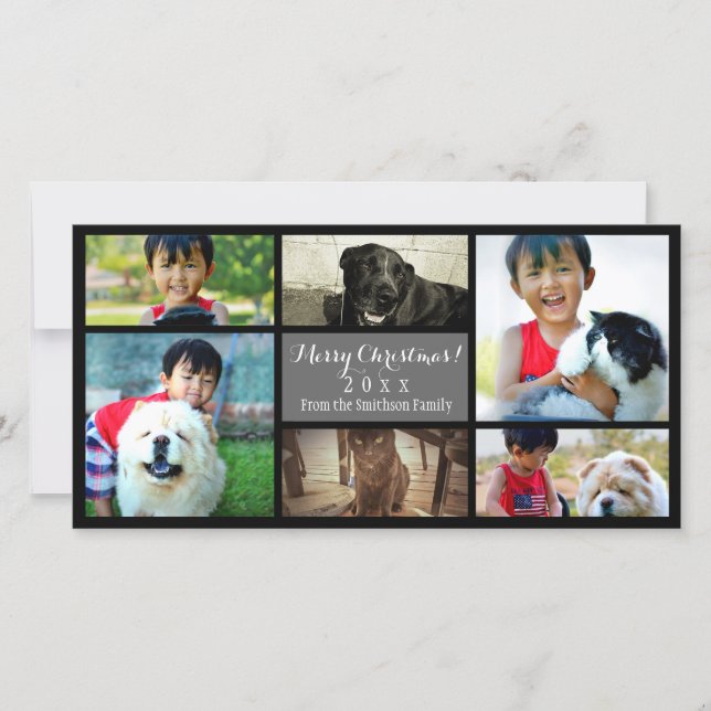 Custom 6 Photo Collage Christmas Grey Holiday Card (Front)