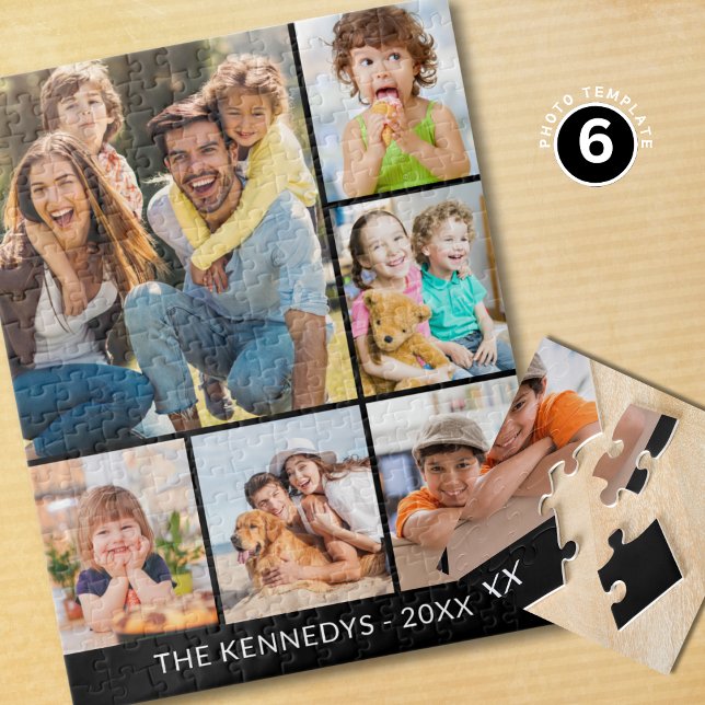 Custom 6 Photo Collage Family Name Minimalist  Jigsaw Puzzle (Creator Uploaded)