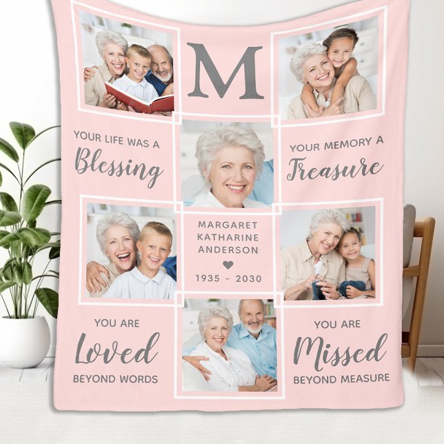 Custom 6 Photo Collage Pink In Loving Memory Fleece Blanket (Creator Uploaded)