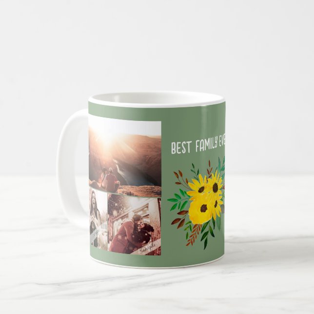 Custom 6 Photo Collage Sunflower Best Family Ever Coffee Mug (Front Left)