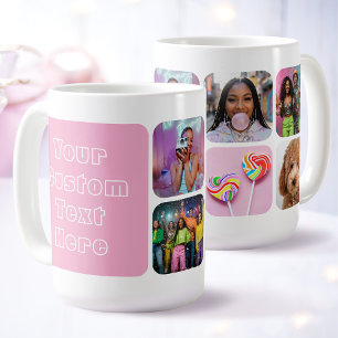Custom 6 Photo Modern Retro Pink Besties  Coffee Mug