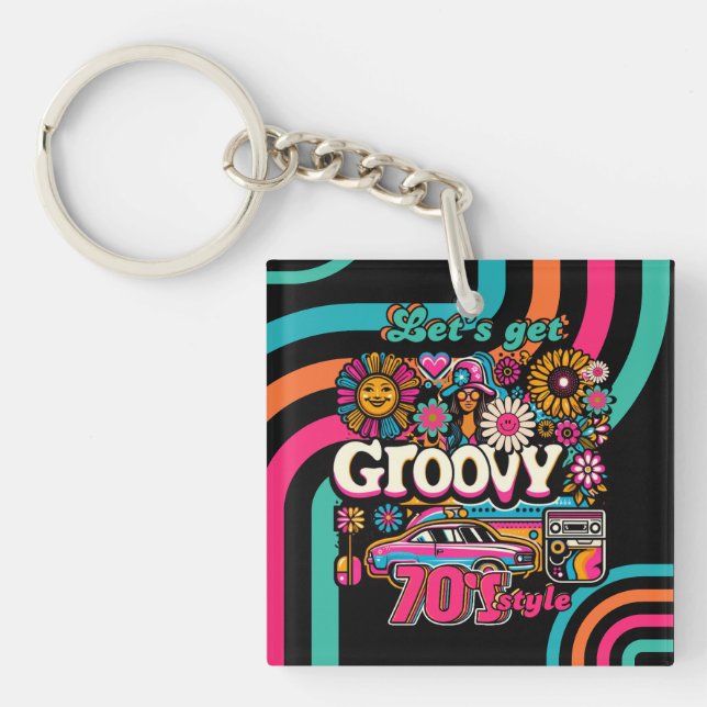 Custom 70's Retro Disco Birthday Boogie Groovy  Key Ring (Front)