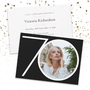 Custom 70th Birthday Black White Minimalist Photo Invitation