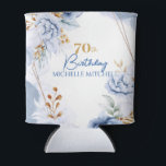 Custom 70th Birthday Blue Gold                   Can Cooler<br><div class="desc">An elegant can cooler that features a delicate watercolor floral design in shades of blue with complementing hues of gold that will give a sense of maturity and elegance to a 70th birthday celebration. The floral pattern is crafted in an elegant, script-like style. The occasion, age and honoree's name can...</div>