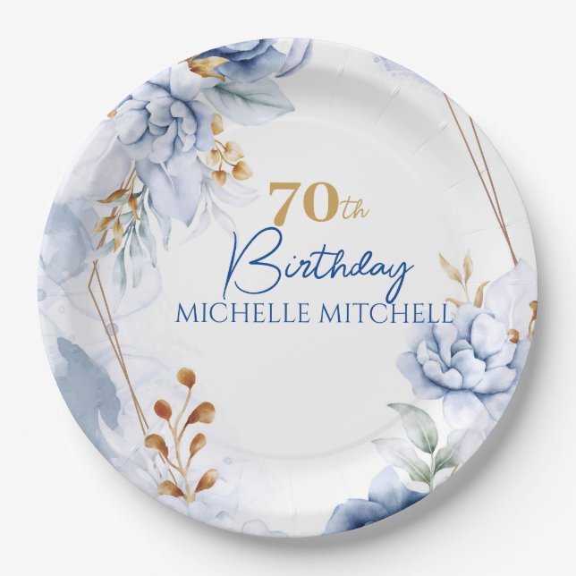 Custom 70th Birthday Blue Gold                   Paper Plate (Front)