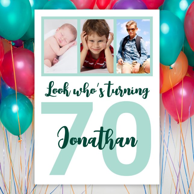 Custom 70th Birthday Green Script Photo Collage Invitation (Creator Uploaded)