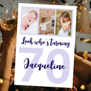 Custom 70th Birthday Purple Script Photo Collage Invitation