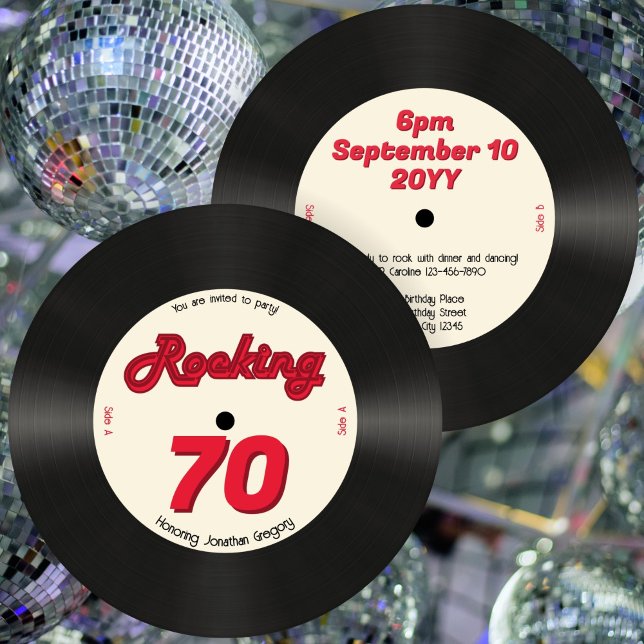 Custom 70th Birthday Retro Music Record Rocking Invitation (Creator Uploaded)
