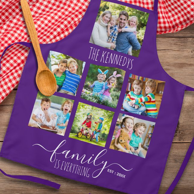 Custom 7 Photo Collage Family Name Quote Purple  Apron (Creator Uploaded)