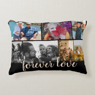 Custom 7 Photo Collage Forever Love Black Decorative Cushion